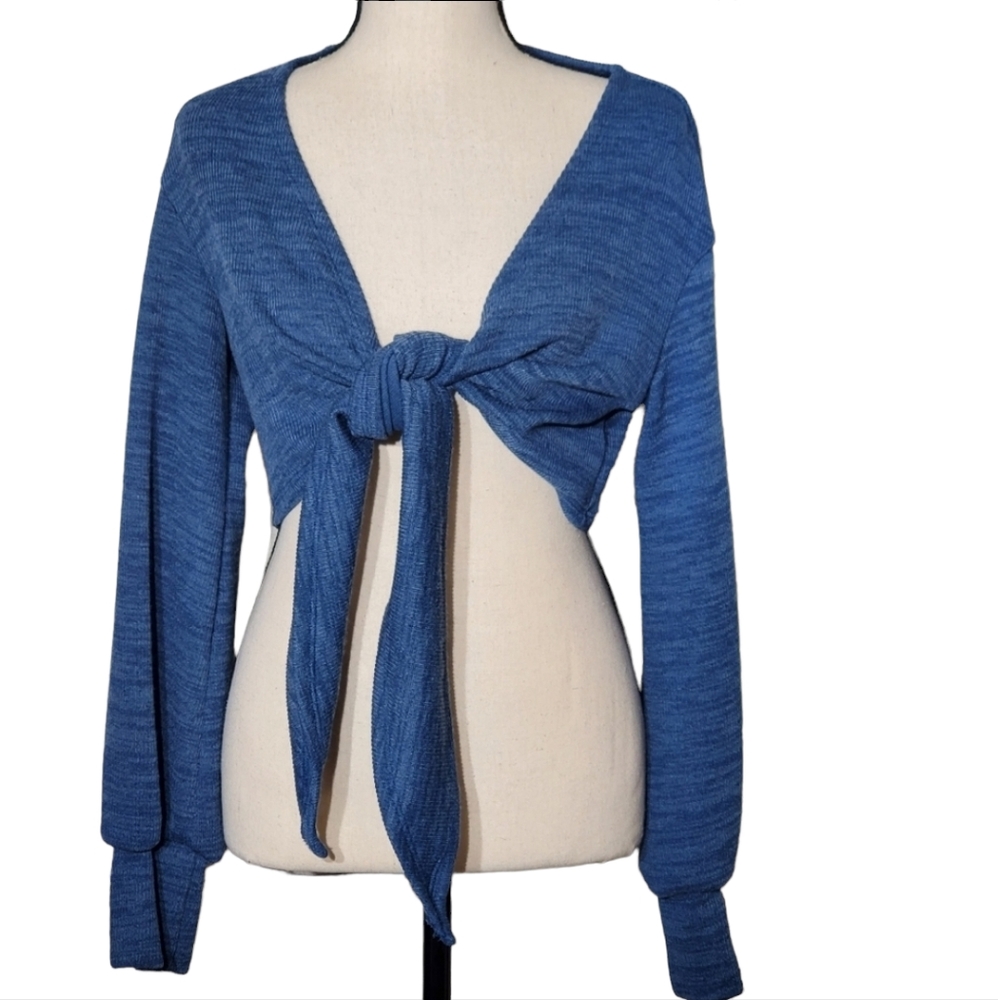 Shein Blue Tie Front Knot Cropped Cardigan, Small